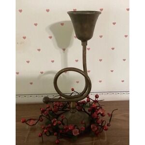 VTG Metal Bugle Candle Holder W/ Red Ring - 10" Tall Taper Candlestick- As Is